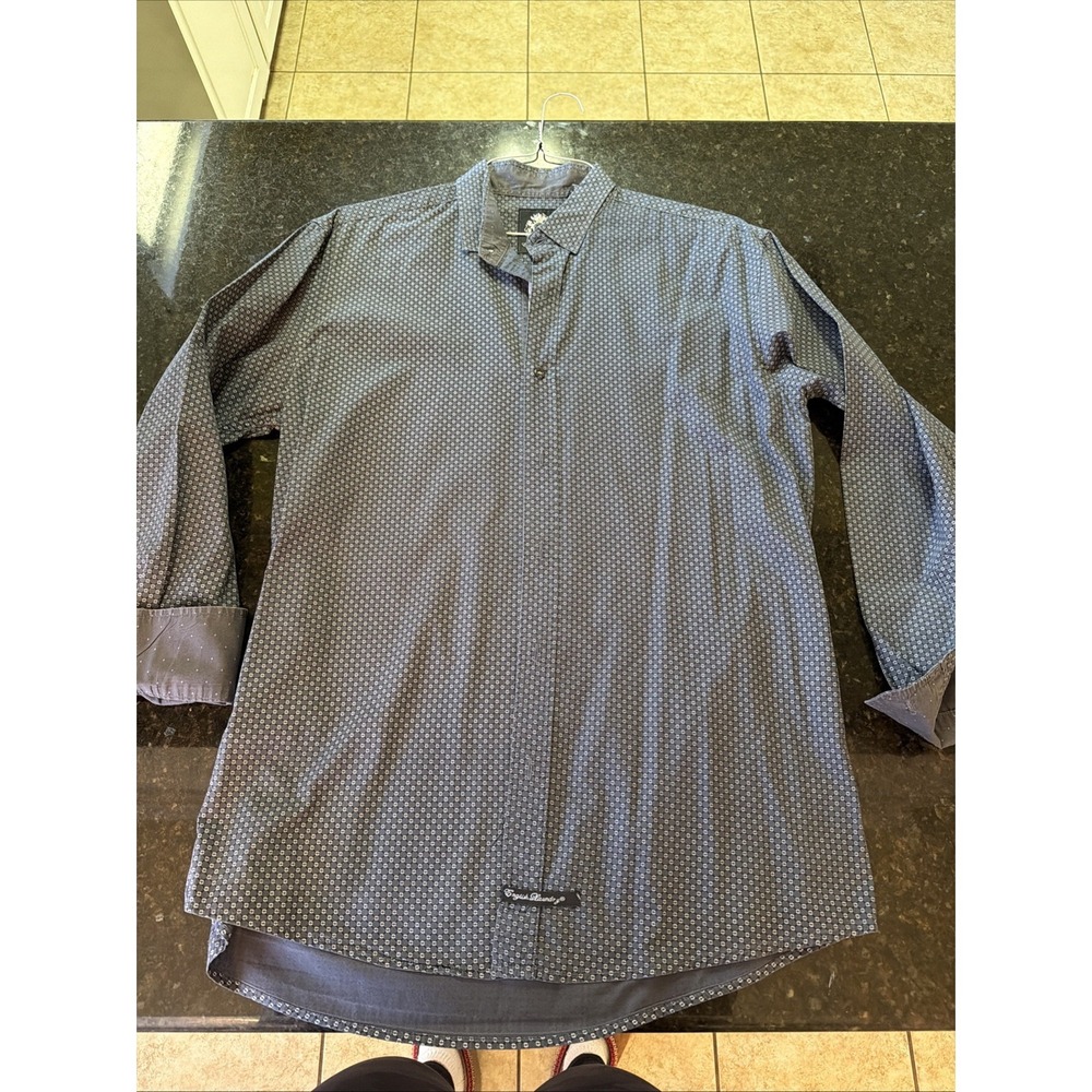 English Laundry Men's Shirt Sz L Black Gray‎ Flip Cuff Pattern Button Up Down